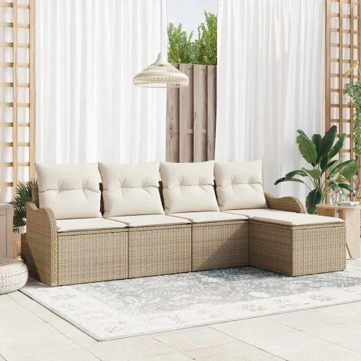 Conjunto de Sofá de Jardín Con Cojín   Beige Poliratán (5 pcs)