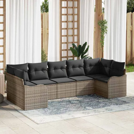 Conjunto de Sofá de Jardín Con Cojín   Gris Poliratán (7 pcs)