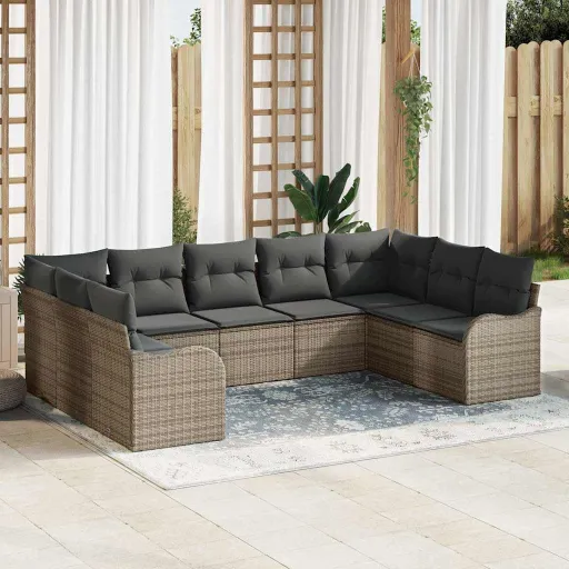 Conjunto de Sofá de Jardín   Gris Ratán Sintético (9 pcs)