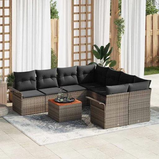 Conjunto de Sofás de Jardín   Gris Ratán Sintético (9 pcs)