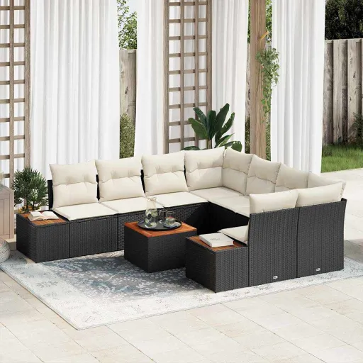 Conjunto de Sofá de Jardín Con Cojín   Negro Poliratán (9 pcs)