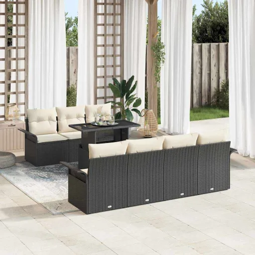 Conjunto de Sofá de Jardín   Negro Rattan de Poliéster (8 pcs)