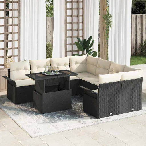 Conjunto de Sofá de Jardín   Negro Rattan de Poliéster (9 pcs)
