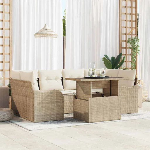 Conjunto de Sofá de Jardín   Beige Rattan de Poliéster (7 pcs)