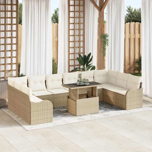 Conjunto de Sofá de Jardín   Beige Rattan de Poliéster (11 pcs)
