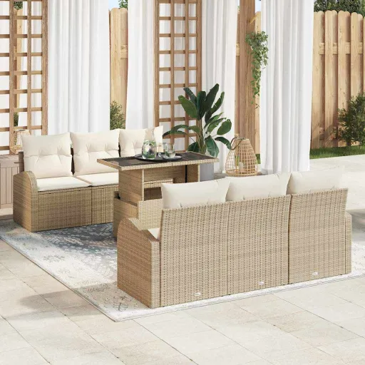 Conjunto de Sofá de Jardín   Beige Rattan de Poliéster (7 pcs)