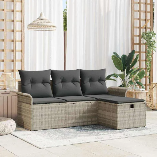 Conjunto de Sofá de Jardín Con Cojín   Gris Claro Poliratán (4 pcs)