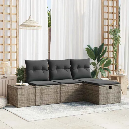 Conjunto de Sofá de Jardín Con Cojín   Gris Poliratán (4 pcs)