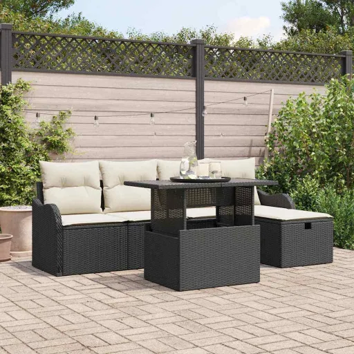 Conjunto de Sofá de Jardín Con Cojín   Negro Poliratán (6 pcs)