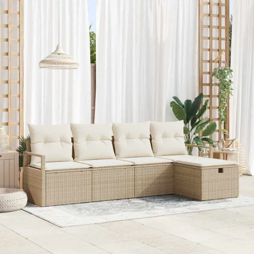Conjunto de Sofá de Jardín Con Cojín   Beige Poliratán (5 pcs)