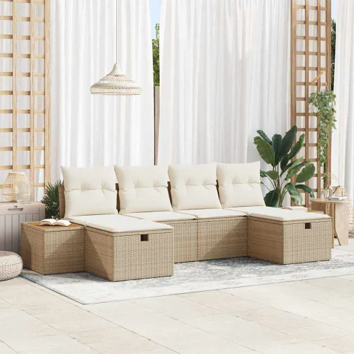 Conjunto de Sofá de Jardín Con Almohada   Beige Poliratán (6 pcs)