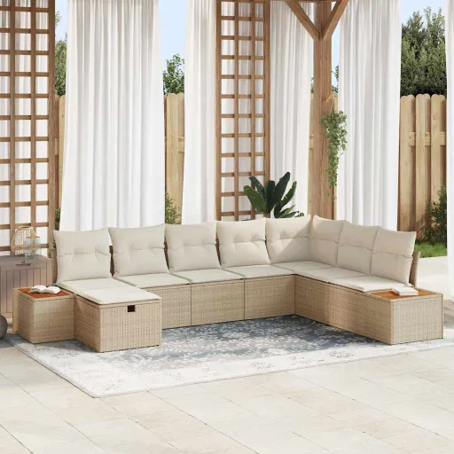 Conjunto de Sofá de Jardín Con Cojín Beige Ratán Sintético