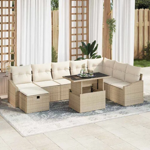Conjunto de Sofá de Jardín   Beige Ratán Sintético (9 pcs)
