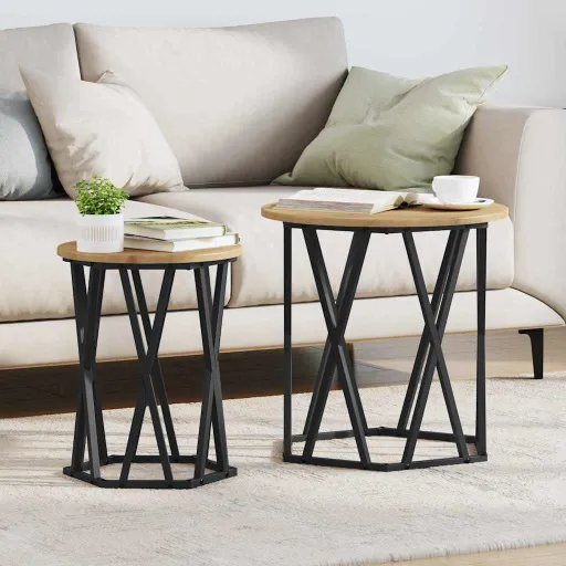 Mesa de Café   Roble Artesanal Madera Ingenierizada y Acero (2 pcs)