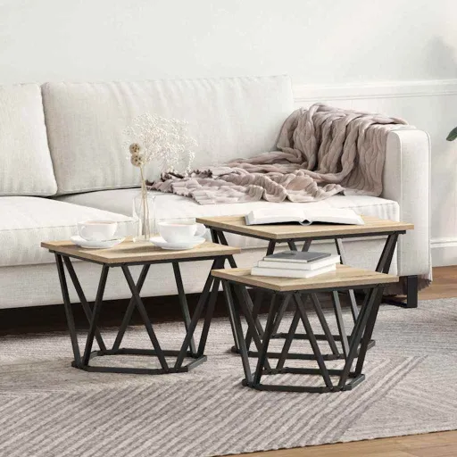 Mesa de Café   Roble Sonoma Madera Ingenierizada y Acero (3 pcs)