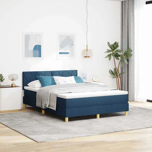 Cama Box Spring Con Colchón Con Colchón Azul 140 x 200 cm Tela