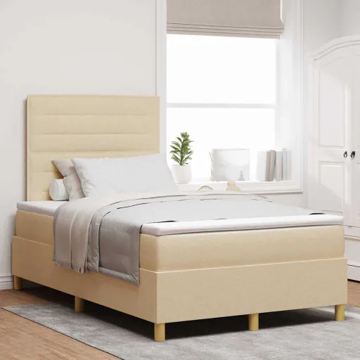 Cama Tipo Box Spring Con Cabecera Crema 120 x 190 cm Tela