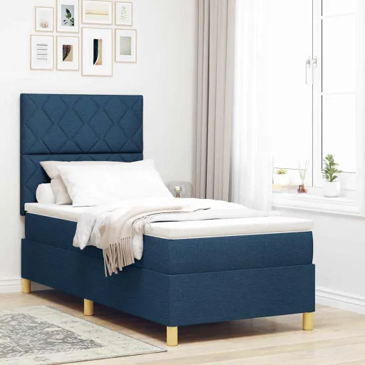 Cama Tipo Box Spring Con Cabecera Azul 90 x 190 cm Tela