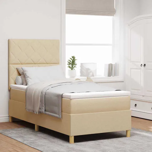 Cama Tipo Box Spring Con Cabecera Crema 90 x 200 cm Tela