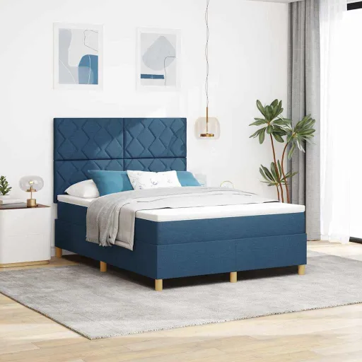 Cama Tipo Box Spring Con Cabecera Azul 140 x 200 cm Tela