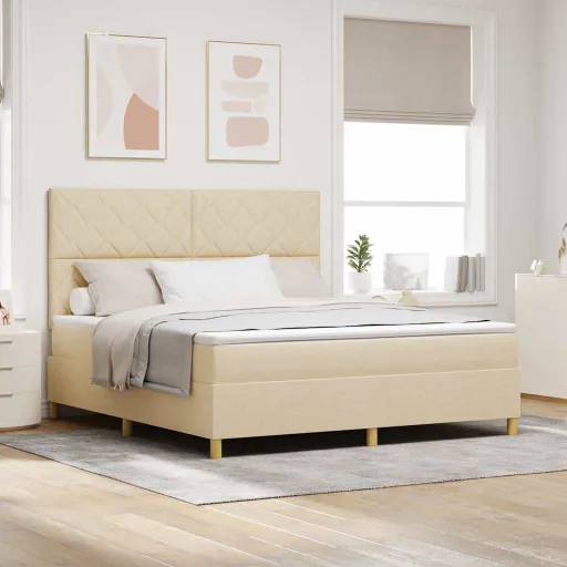 Cama Tipo Box Spring Con Cabecera Crema 180 x 200 cm Tela