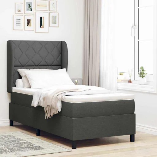 Cama Tipo Box Spring Con Colchón Gris Oscuro 90 x 190 cm Tela