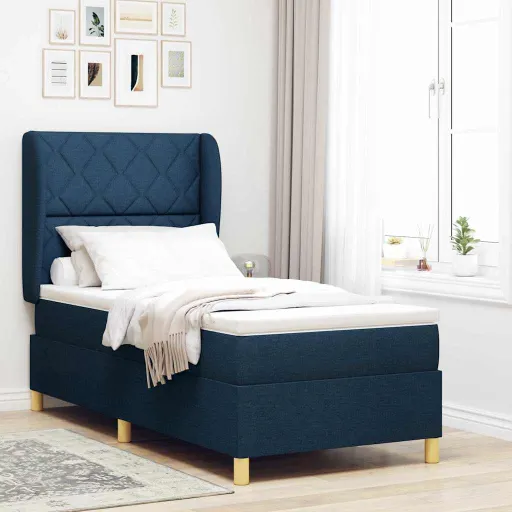 Cama Con Somier y Colchón Gris Oscuro 90x190 cm de Tela Azul