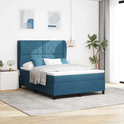 Cama Tipo Box Spring Azul Oscuro 140 x 190 cm Terciopelo