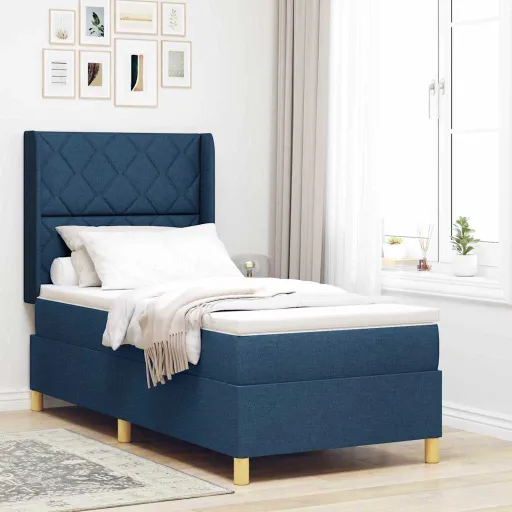 Cama Con Somier Con Colchón Con Cabecera Azul 90 x 190 cm Tela