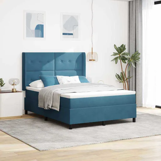 Cama Tipo Box Spring Con Cabecera Azul 140 x 190 cm Terciopelo