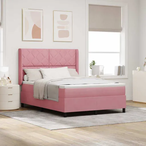 Cama Tipo Box Spring Con Cabecera Rosa 140 x 190 cm Terciopelo