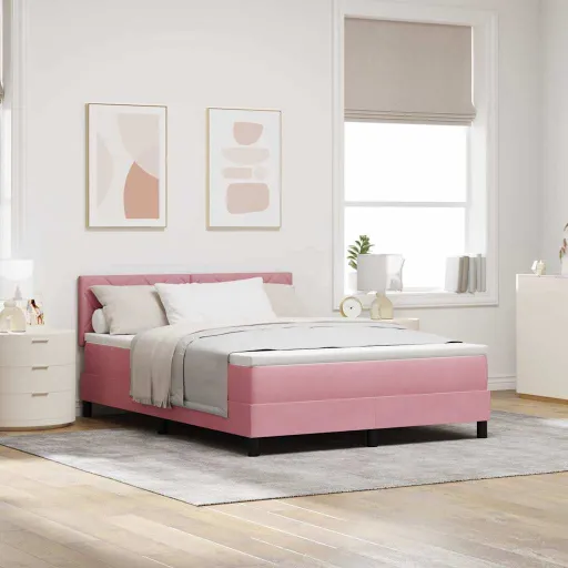Cama Tipo Box Spring Con Cabecera Rosa 140 x 200 cm Terciopelo
