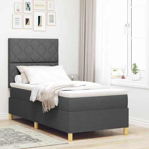 Cama Tipo Box Spring Con Colchón Gris Oscuro 90 x 200 cm Tela