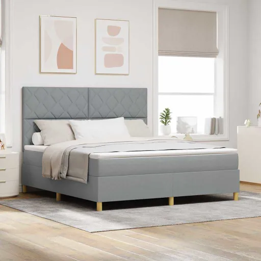 Cama Box Spring LED Con Colchón Gris Claro 180 x 200 cm Tela