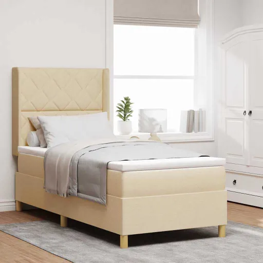 Cama Tipo Box Spring Con Colchón Crema 90 x 200 cm Tela