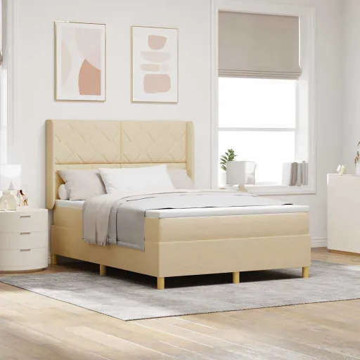 Cama Tipo Box Spring Con Colchón Crema 140 x 200 cm Tela