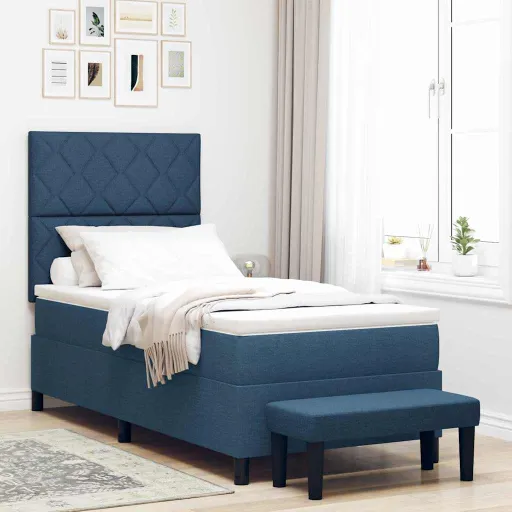 Cama Tipo Box Spring Con Colchón Con Cabecera Azul 90 x 200 cm