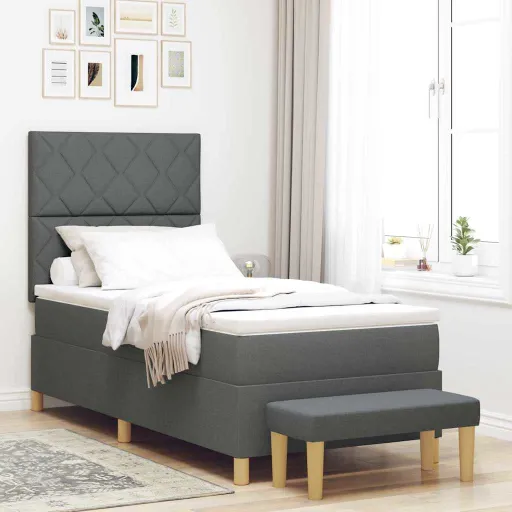 Cama Tipo Box Spring Con Colchón Gris Oscuro 90 x 190 cm Tela