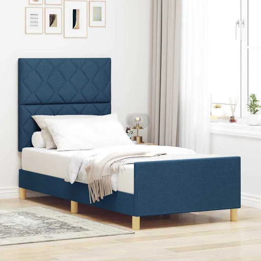 Estructura de Cama Con Cabecera Azul 90 x 190 cm Tela