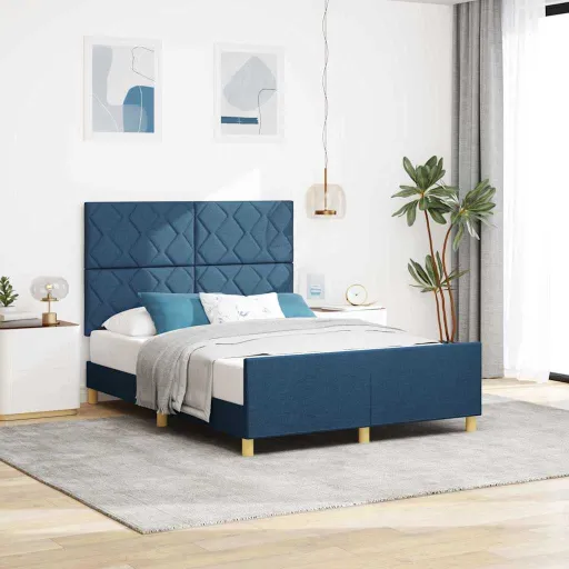 Estructura de Cama Con Cabecera Azul 140 x 190 cm Tela