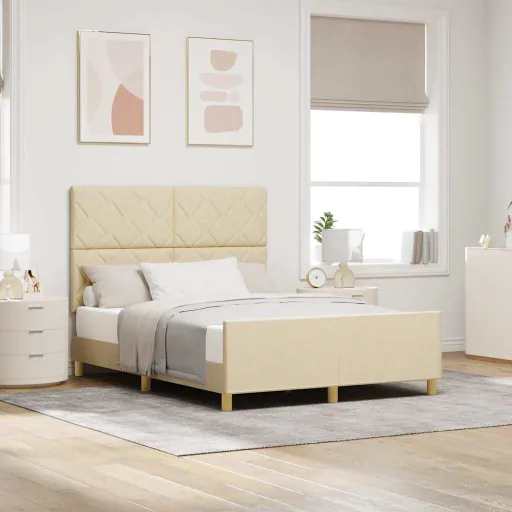 Estructura de Cama Con Cabecera Crema 140 x 200 cm Tela