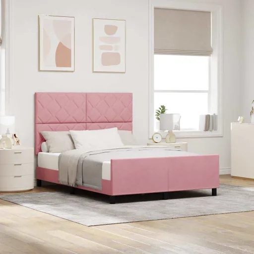 Estructura de Cama Con Cabecera Rosa 140 x 200 cm Terciopelo