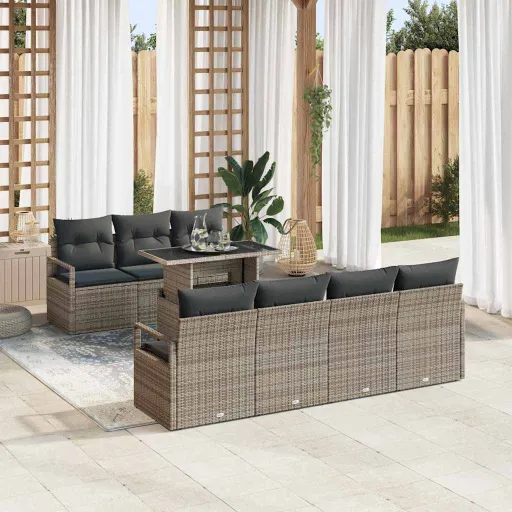 Conjunto de Sofá de Jardín   Gris Ratán Sintético (8 pcs)