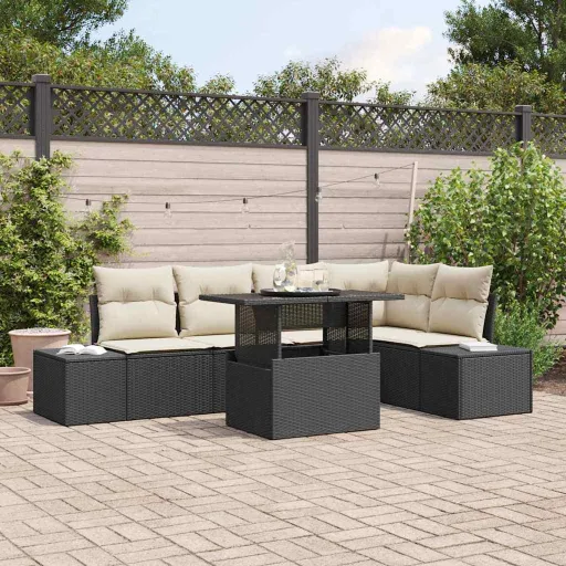 Conjunto de Sofá de Jardín Con Cojín   Negro Poliratán (6 pcs)