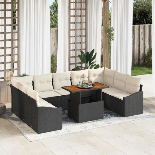 Conjunto de Comedor de Jardín Con Cojín   Negro y Crema (10 pcs)