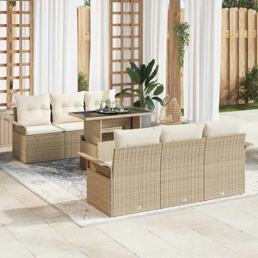 Conjunto de Sofá de Jardín Con Cojín   Beige Poliratán (7 pcs)