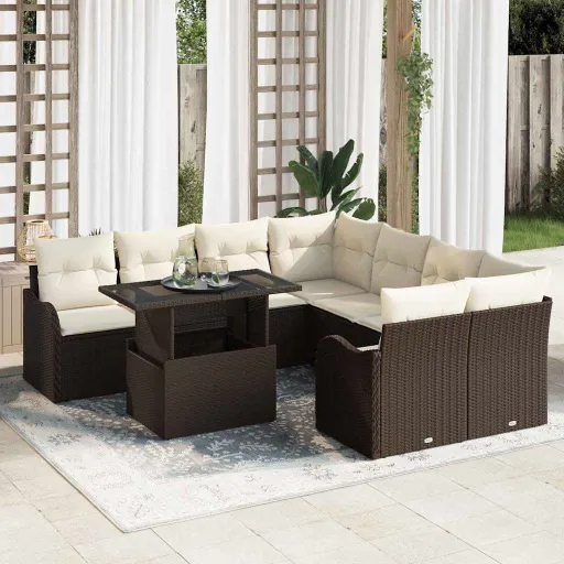 Conjunto de Sofás de Jardín Manual   Marrón Ratán Sintético (9 pcs)