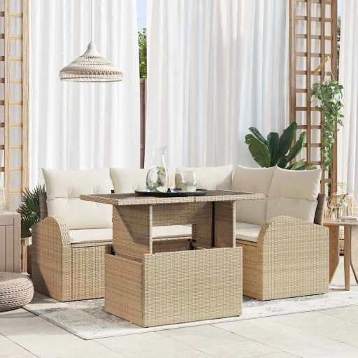 Conjunto de Sofá de Jardín Con Cojín   Beige Poliratán (5 pcs)