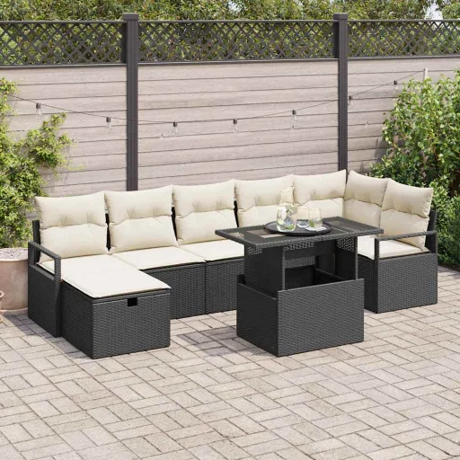 Conjunto de Sofá de Jardín Con Cojín   Negro Poliratán (8 pcs)