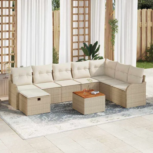 Conjunto de Sofás de Jardín Con Cojín   Beige Poliratán (9 pcs)